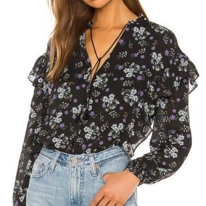 Cupcakes & Cashmere Blouse Long Sleeve Black Floral Button Up V-Neck Ruffle Top